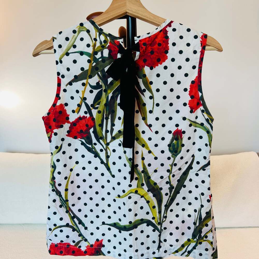 Floral Polka Dot Cotton Sleeveless Blouse with Back Tie Dolce Gabana - Picture 3 of 4